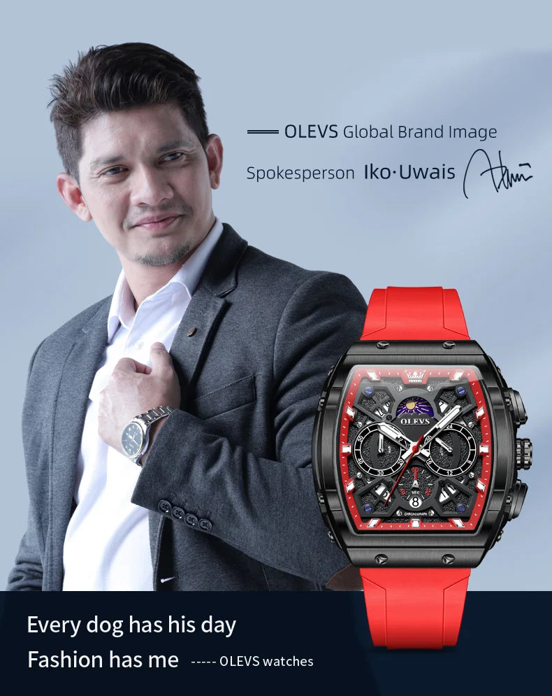 OLEVS 2942 Man Watch Silicone Strap Tonneau Design Dial Multifunction Quartz Watch for Men Moon Phase Calendar Chronograph Watch