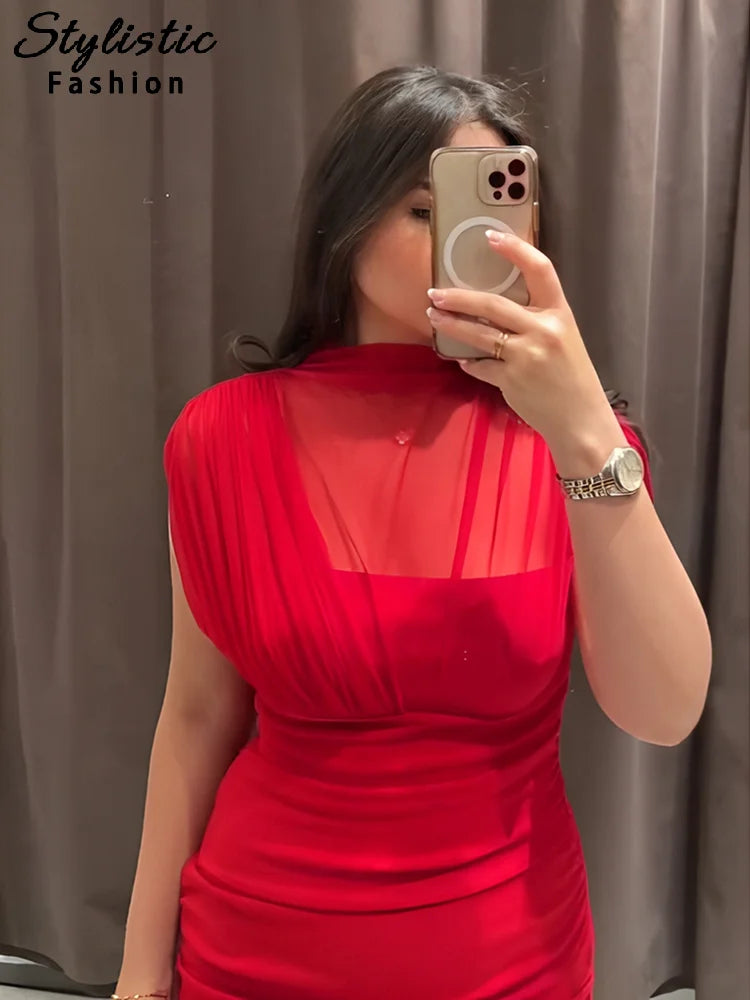 Sexy Red Pleated Mesh Long Dress Red See Through Patchwork Sleeveless A-line Party Dresses Female 2025 Summer Slim Robes Lady