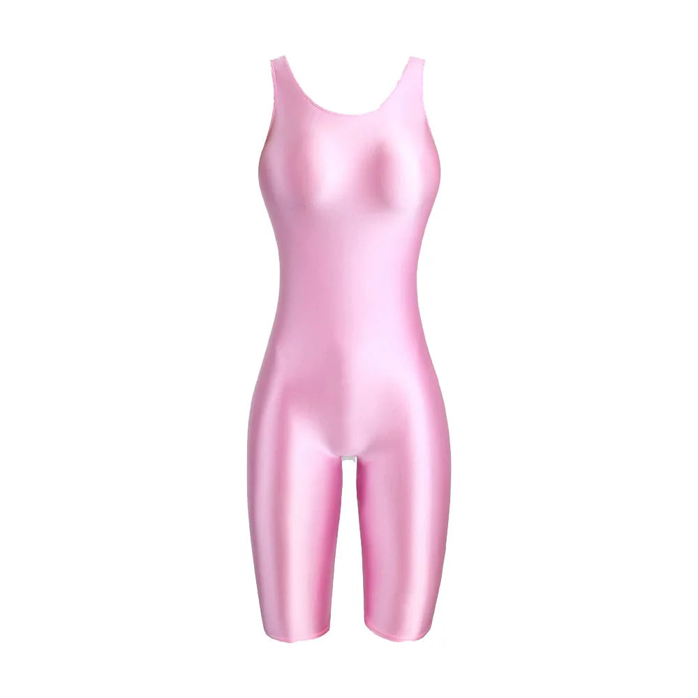 Women's Sleeveless One-Piece Swimsuit Shiny Glossy Yoga Gym Fitness Bodysuit Sexy Leotard Catsuit Jumpsuit Sport Overall MJINM