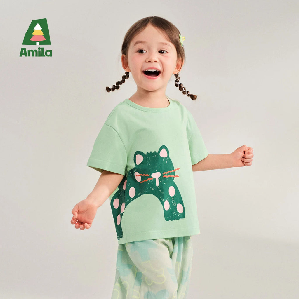 Amila Baby T-shirt 2026 Summer New Comfortable Cartoon Pattern Round Neck Casual Breathable Clothing