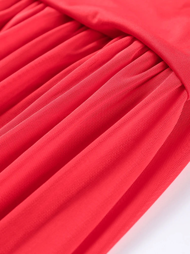 Sexy Red Pleated Mesh Long Dress Red See Through Patchwork Sleeveless A-line Party Dresses Female 2025 Summer Slim Robes Lady