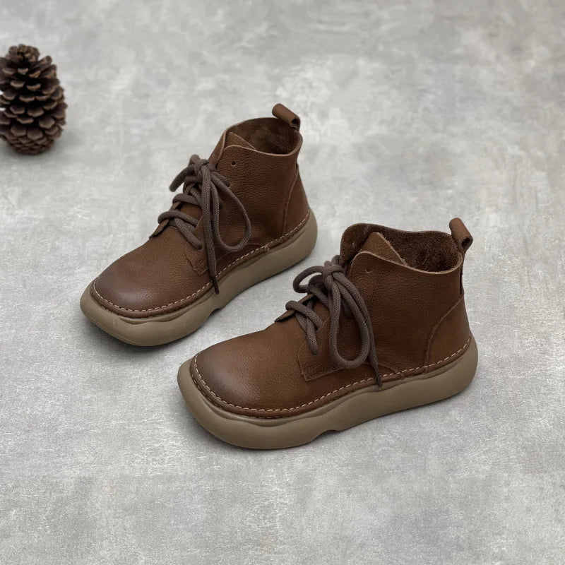 Johnature Retro Genuine Leather Short Boots 2026 Autumn/winter New Wide Toe Lace Up Cowhide Soft Sole Women's Boots