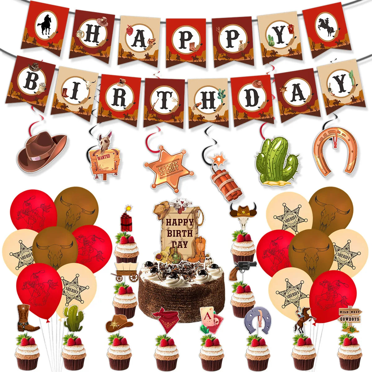 Western Cowboy Theme Banners Cake Topper Hanging Swirls Cowgirl Boot Balloon for Birthday Bachelorett Party Photo Props Decor