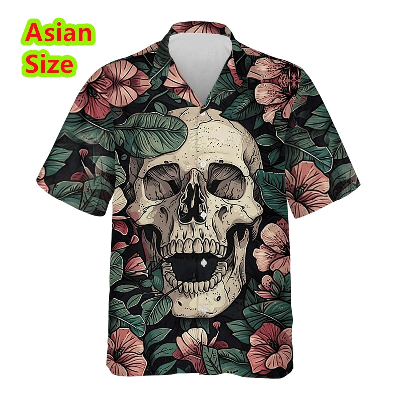 Man Shirt Horror Skull Flower 3D Print Men's Clothing Summer Casual Hawaii Beach Hawaiian Harajuku Hip Hop Holiday Shirt Tops