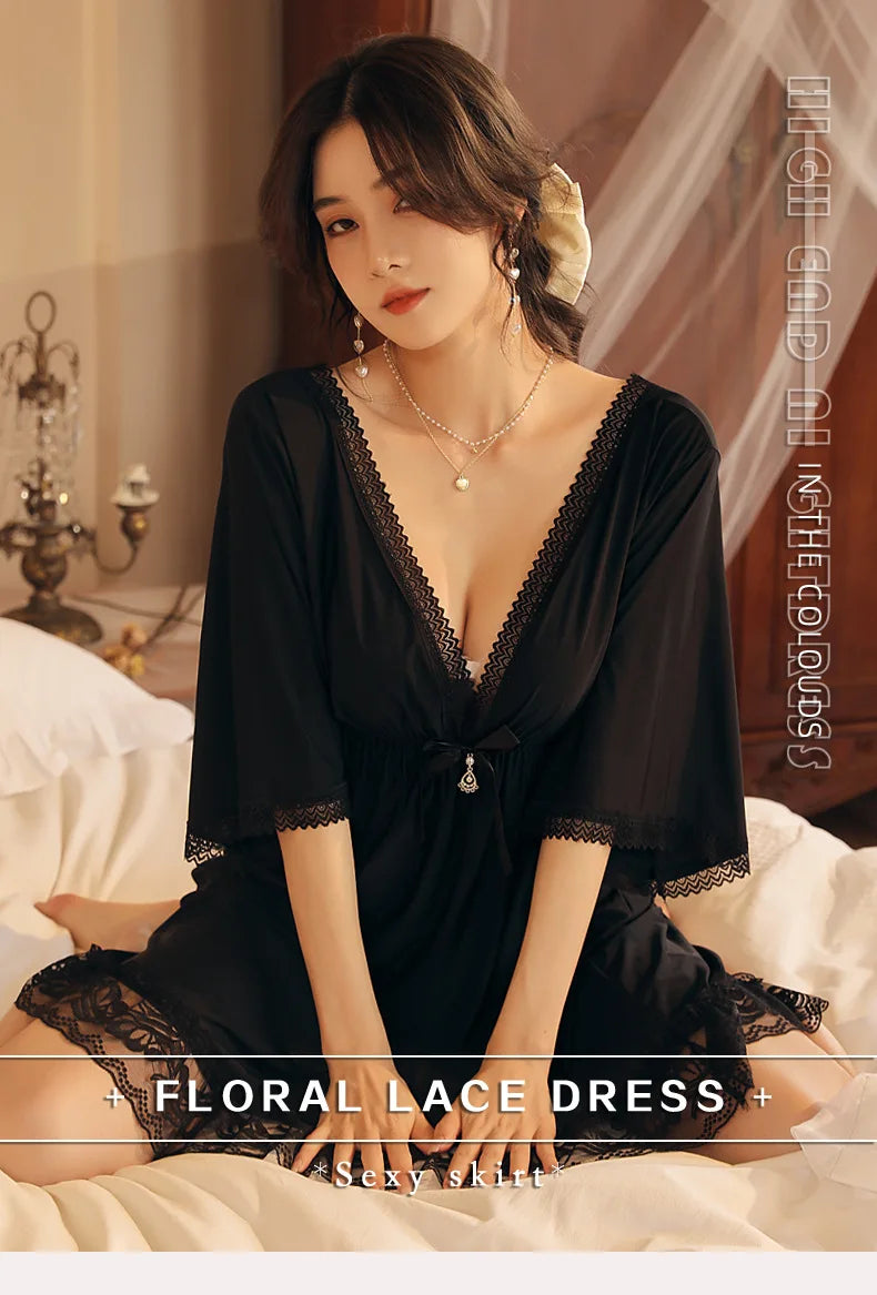 Fdfklak M-3XL Women’s Nightgowns Sexy Lace Deep V Neck Sleepshirt Mesh Short Sleeve Summer Nightdress Female Nightwear Dress