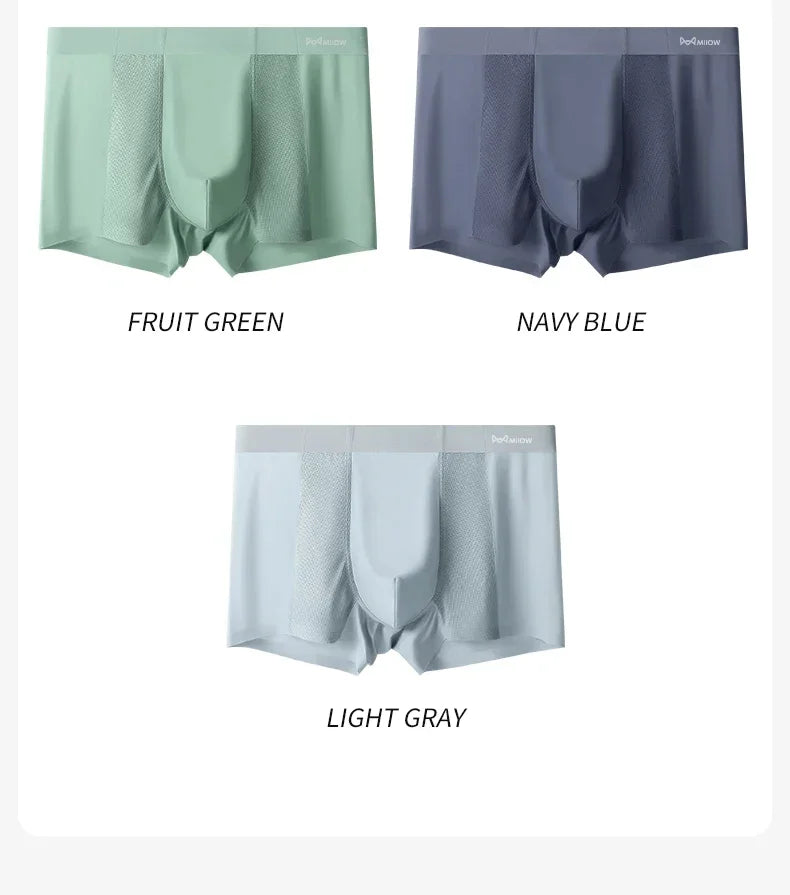 MiiOW 3Pcs Summer Ice Silk Men Boxer Underwear Seamless Mesh Breathable Men's Panties Cotton Crotch Man Underpants Man Boxers