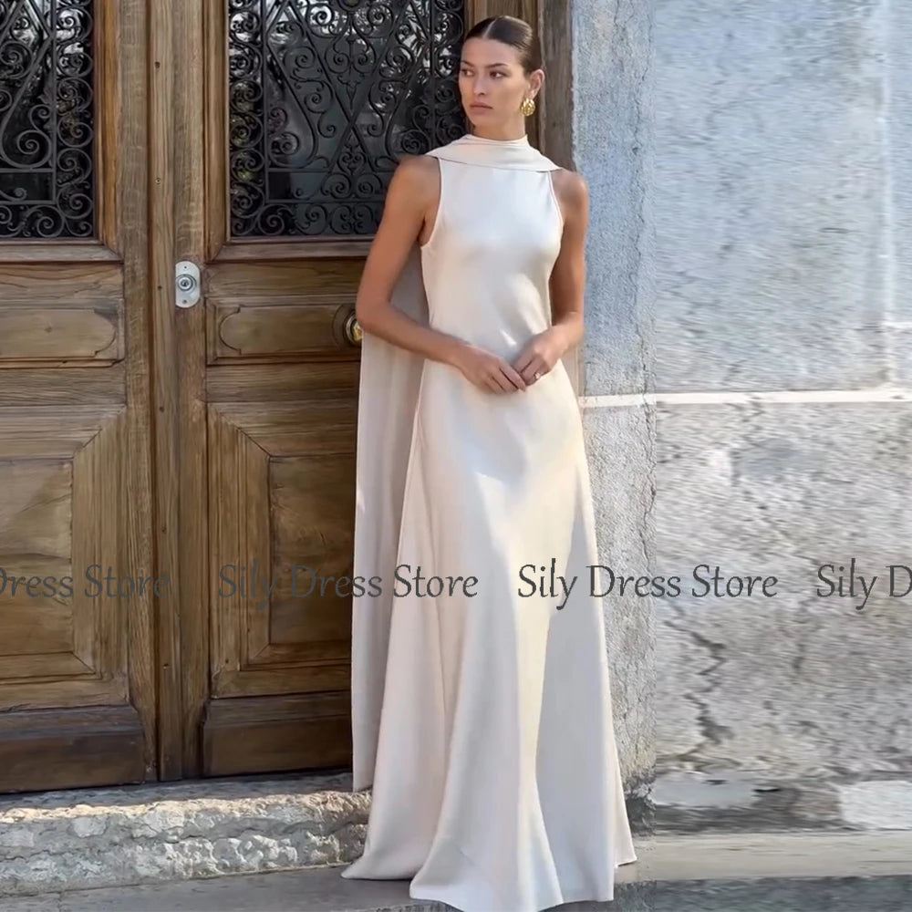 Saudi Arabian Dresses for Special Occasions Satin Mermaid Evening Dress White O-Neck Trumpet Formal Dresses with Shawl
