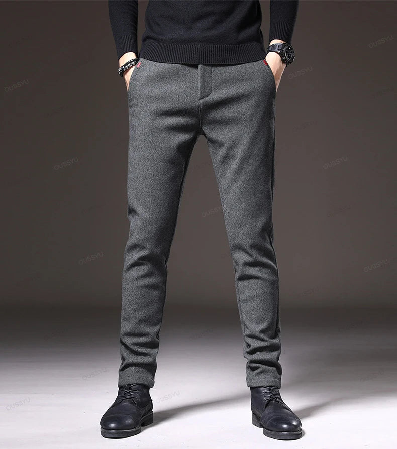 Winter Fleece Warm Men's Brushed Fabric Casual Pants Outdoors Business Thick Velvet Cotton Flocking PlushTrousers Male 28-38