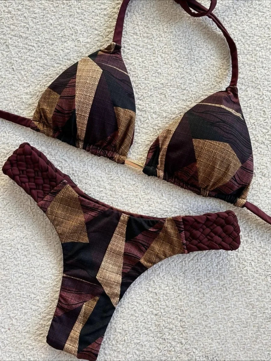 2026 New Weaving Bikini Set Women's print 2 Piece Swimsuit women sexy suspender Backless Beach Vacation Bathing Suit swimwear