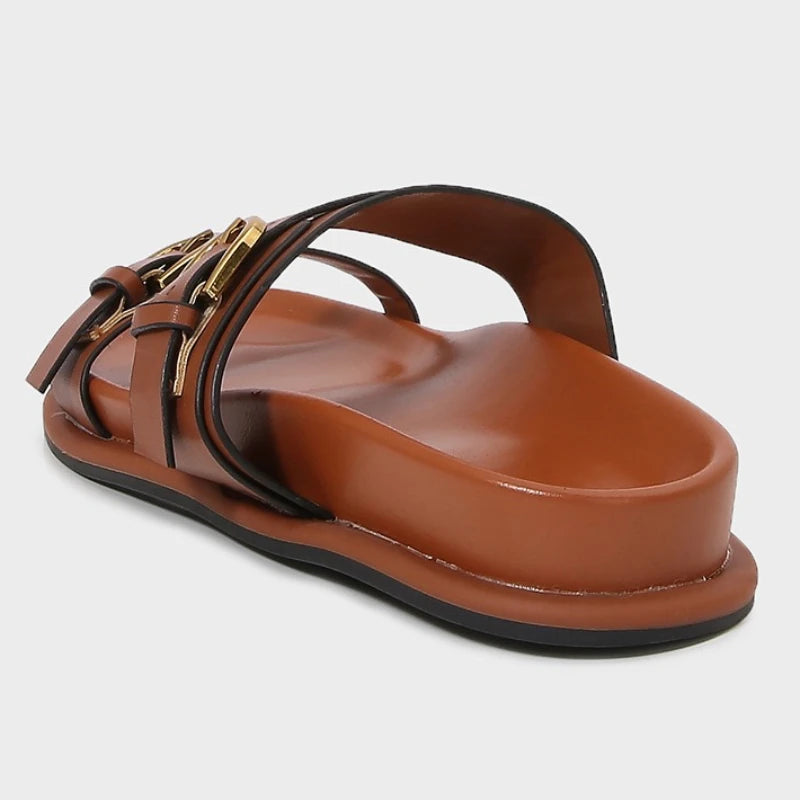 Metal Buckle Soft Leather Women Roman Shoes Thick Bottom Women Summer Slippers Leisure Comfort Non-slip Women Beach Flat Sandals