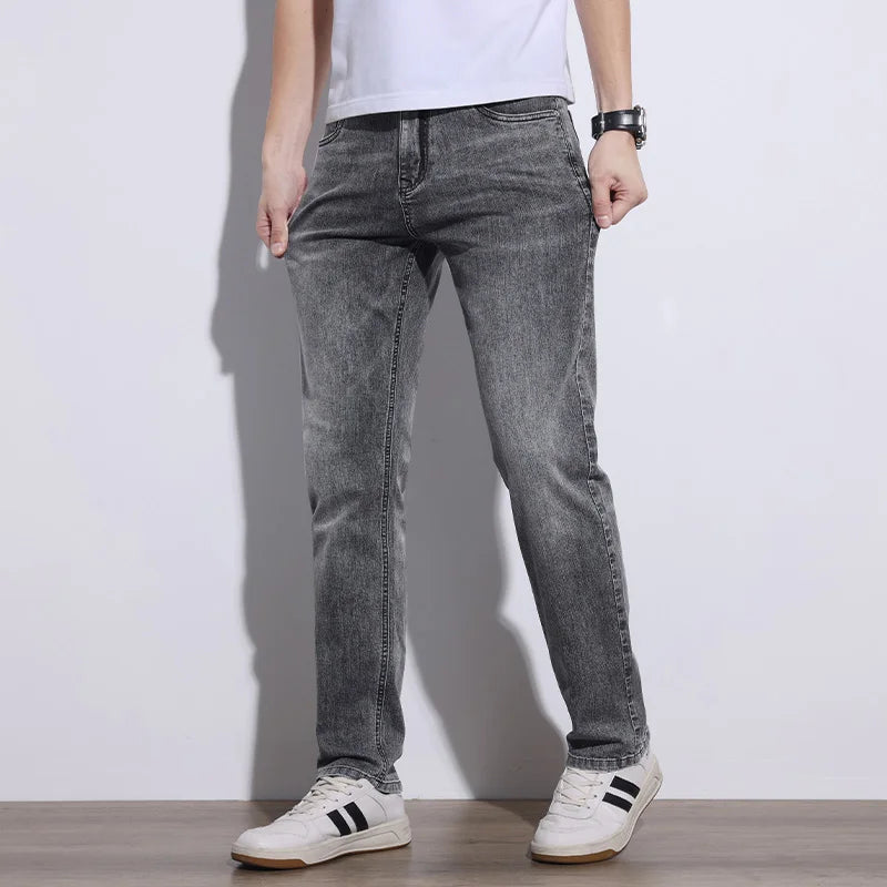 KSTUN 2025 Spring Summer Jeans For Men Slim Straight Gray Light Blue Stretch Jeans Regular Fit Denim Pants Mens Clothing Cowboys