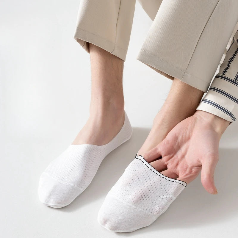 1/5pairs Men's Socks Summer Ultra-thin Invisible Elastic Silicone Non-slip Boat Sock Mesh Breathable Comfortable No Show Sokken