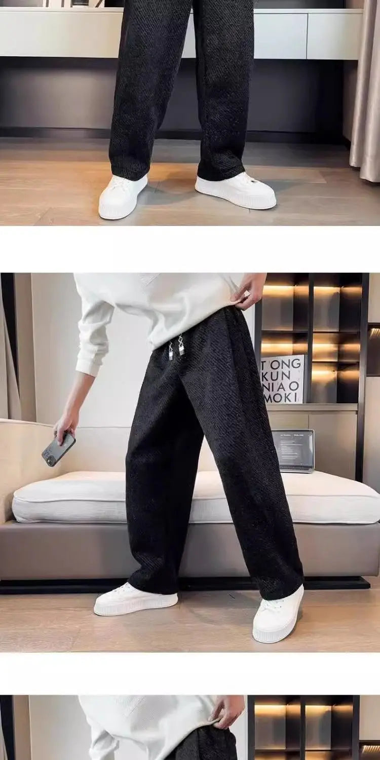 Autumn Winter Loose Men's Sherpa Fabric Straight Pants Man Fashion Thick Pockets Trousers Solid Color Male Clothes