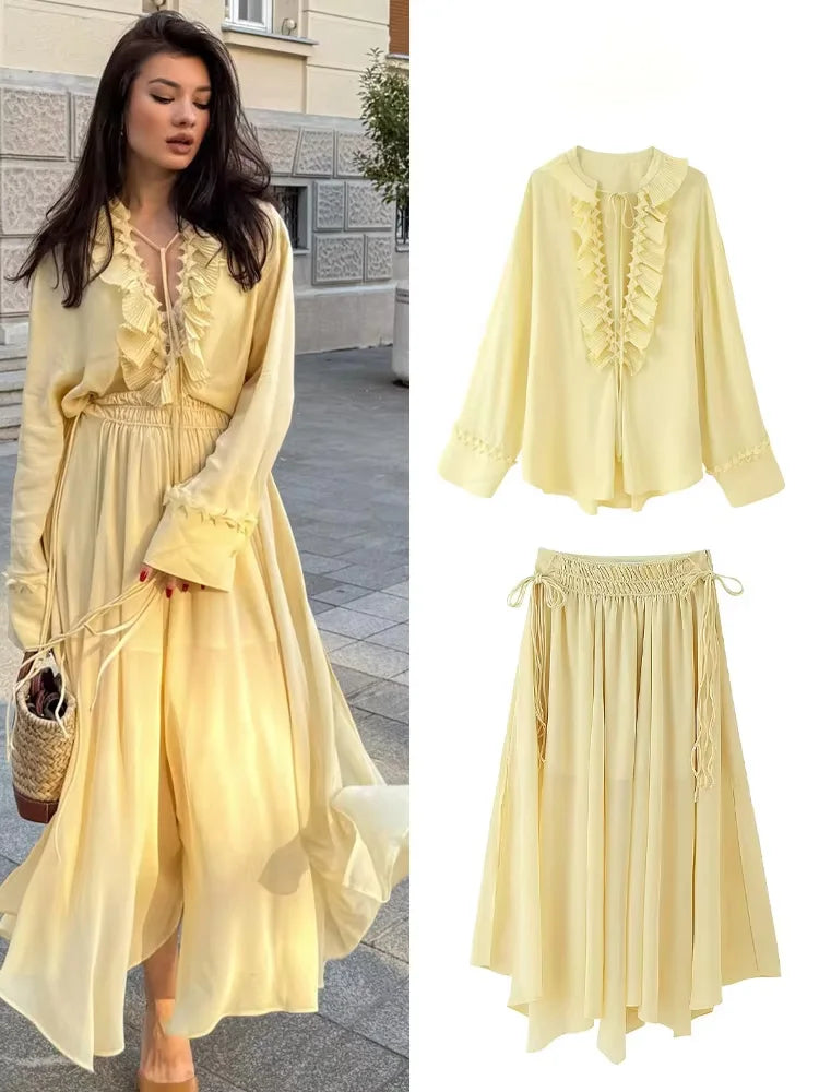 HH Women Summer Fashion Tierred Decoration Skirt Suit V-Neck Long Sleeves Lace-Up Shirts+Side Zipper Circular Chiffon Skirt