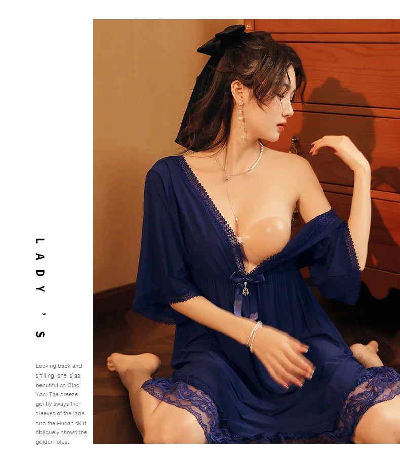 Fdfklak M-3XL Women’s Nightgowns Sexy Lace Deep V Neck Sleepshirt Mesh Short Sleeve Summer Nightdress Female Nightwear Dress