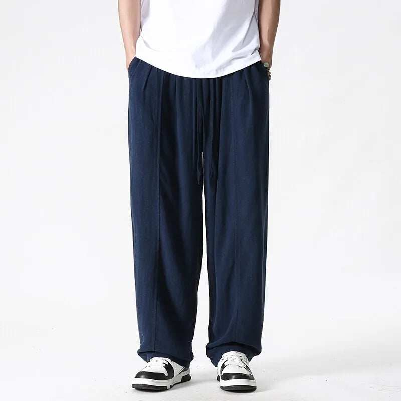 Summer Wide Leg Pants Men's Cotton Linen Harun Loose Pants Men Casual Elastic Waist Circumference Lantern Trousers Plus Size 5XL