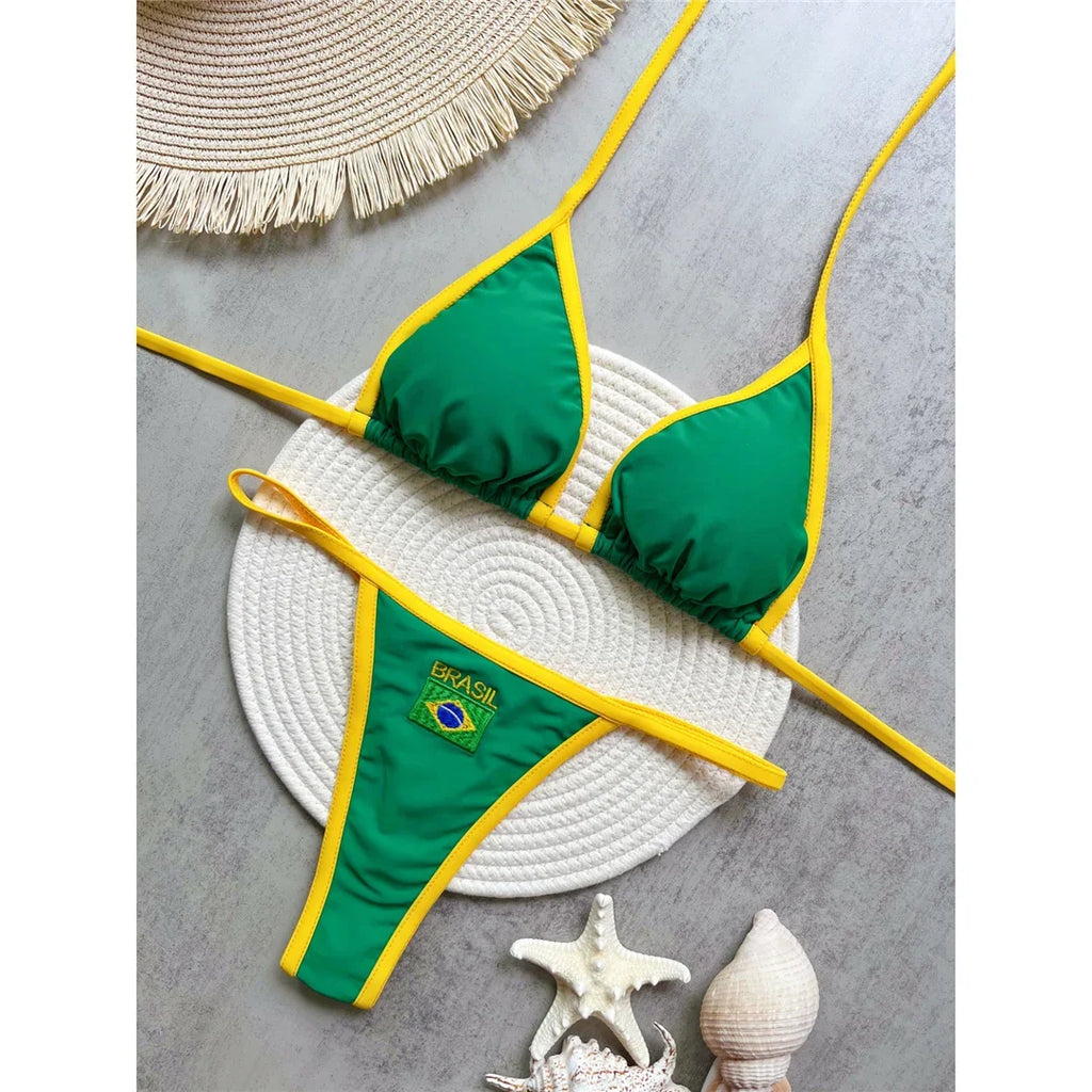Women's Brazilian Flag Bikini Set - Two-Piece G-String Thong Swimwear, Sexy Female Bather Swimsuit for Beach Vacation, Pool Part