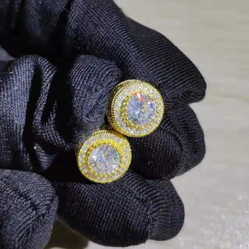 925 Sterling Silver New Bling Gold Silver Round Hip Hop Stud Earrings with Zircon Stone for Women Man Fashion Jewelry