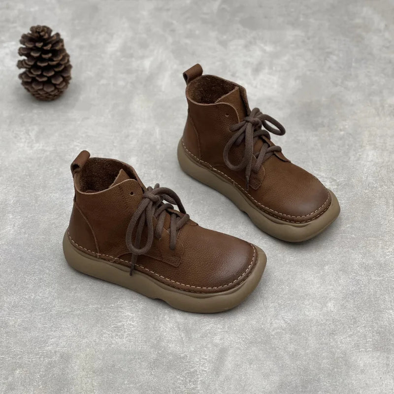 Johnature Retro Genuine Leather Short Boots 2026 Autumn/winter New Wide Toe Lace Up Cowhide Soft Sole Women's Boots