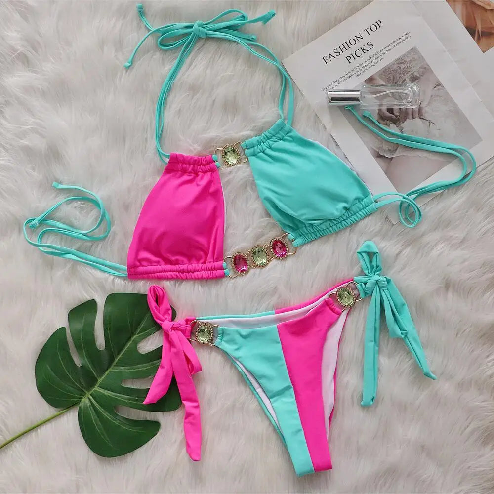 2026 Splicing Halter Diamond Bikini Women Swimsuit Female Swimwear Two Pieces Bikini Set Hollow Out Bathing Suit Swim Beach Wear