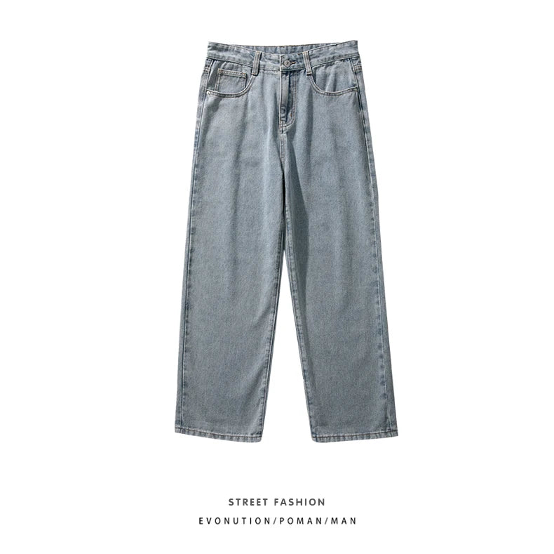 2023 New Korean Fashion Men's Baggy Jeans Classic Unisex Man Straight Denim Wide-leg Pants Hip Hop Bagy Light Blue Grey Black