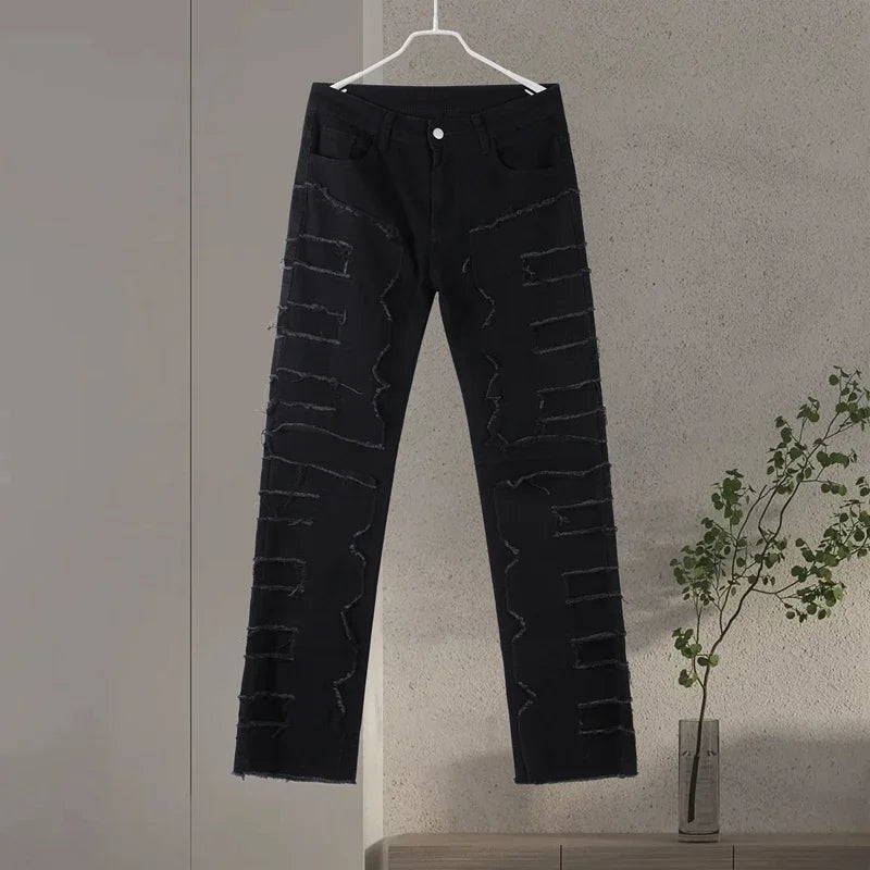 Men Jeans Ripped Vintage Tassel Wash Old Slim Stacked Patch Hip Hop Pencil Denim Man Pants 2026 Streetwear Male Long Trousers