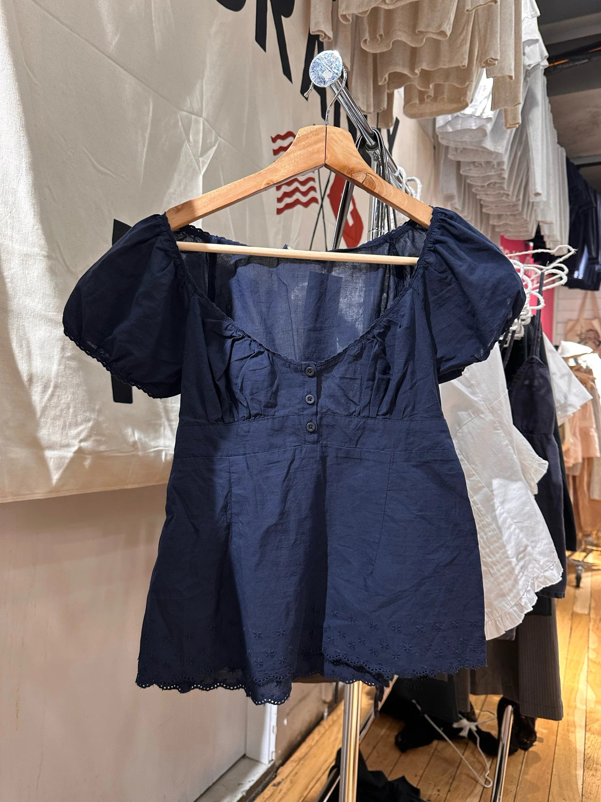 Lace Trim Embroidery Navy T-shirt Women Three Buttons Folds Square Collar Puff Sleeve T-shirt Summer Sweet Casual Vintage Blouse