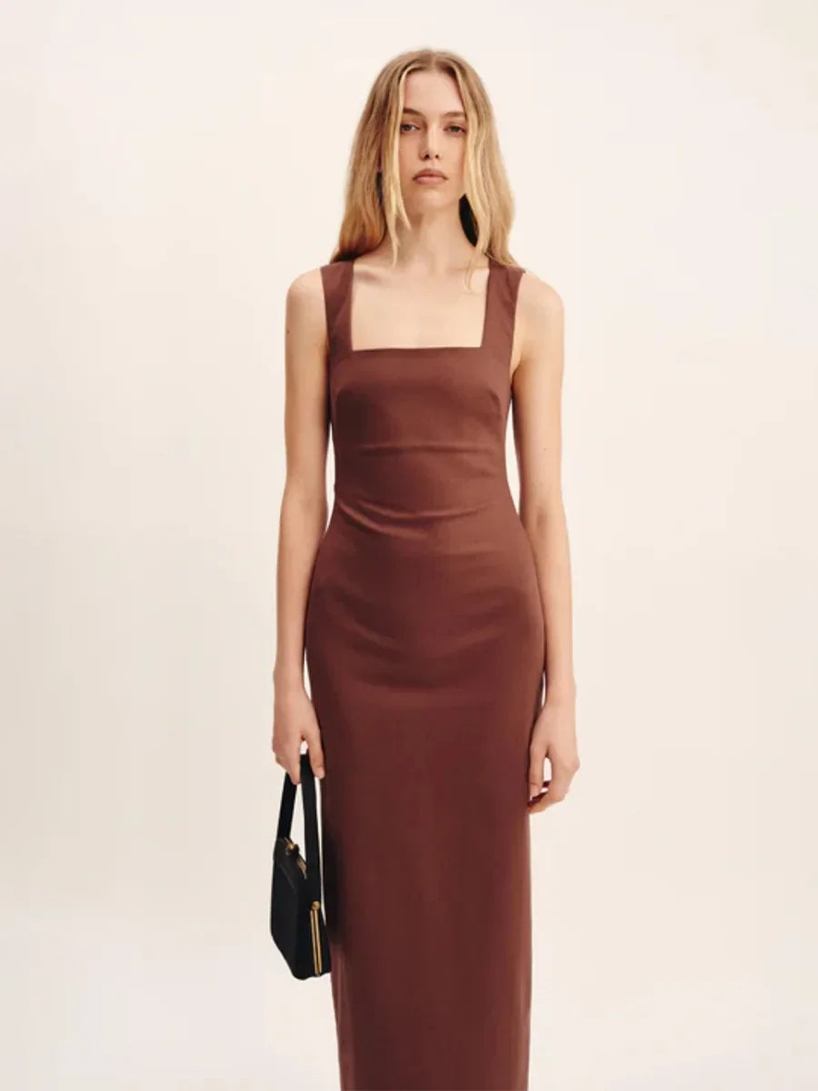 Wolfeel Cotton Linen Square Neck Suspender Dress Women's Solid Color Fashion Slim Fit Long Dress Summer New Women's Clothing