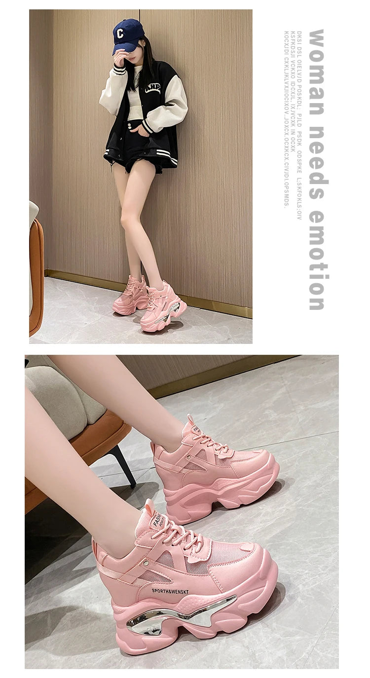 2025 Women Chunky Sneakers Platform Ulzzang Sports Shoes Summer Thick Bottom Breathable Mesh Casual Shoes 11CM High Heels Woman