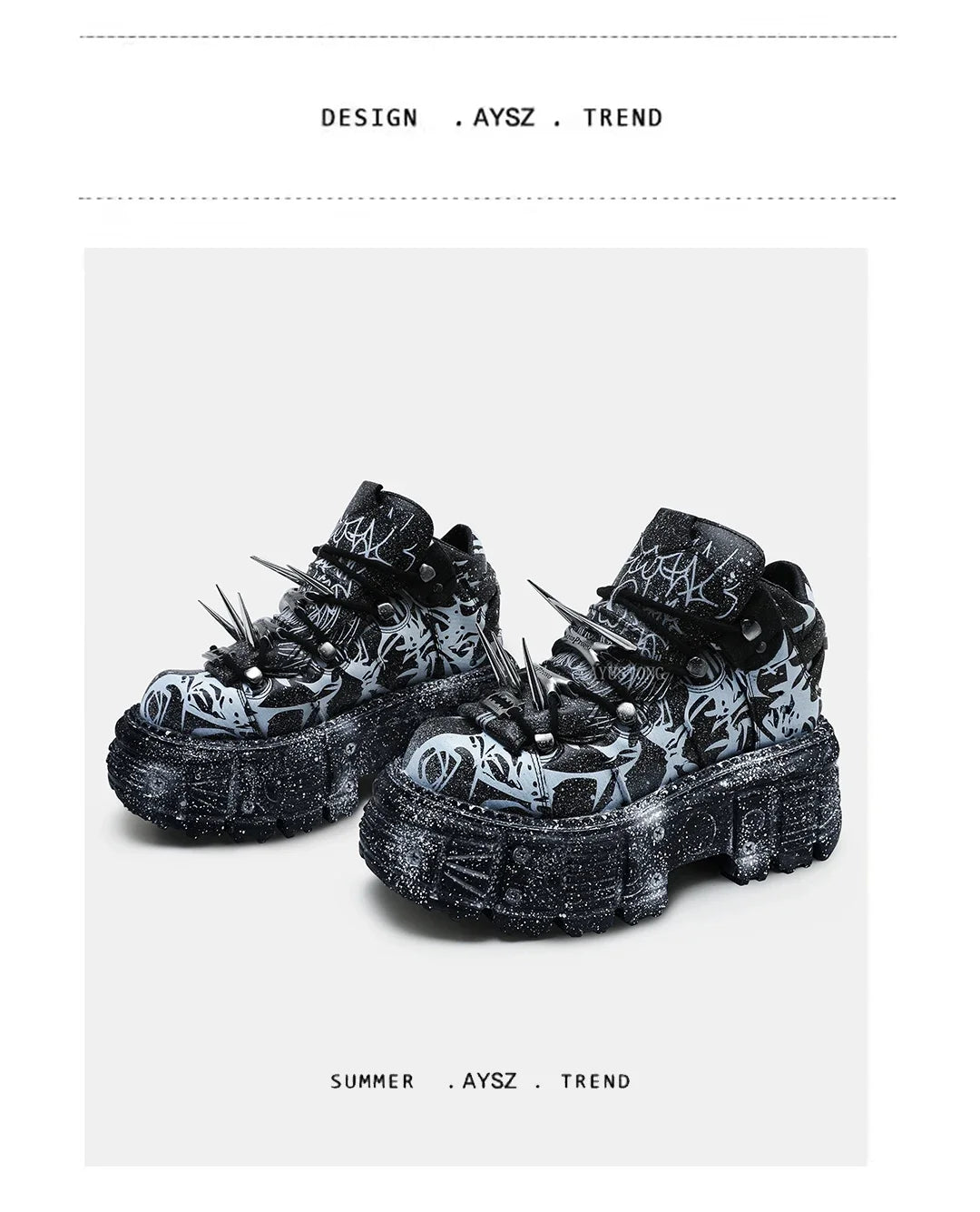 2025 Retro Heavy Metal Platform Men's and Women's Graffiti Punk Muffin Black Rivets Small Height Increasing Dad Shoes