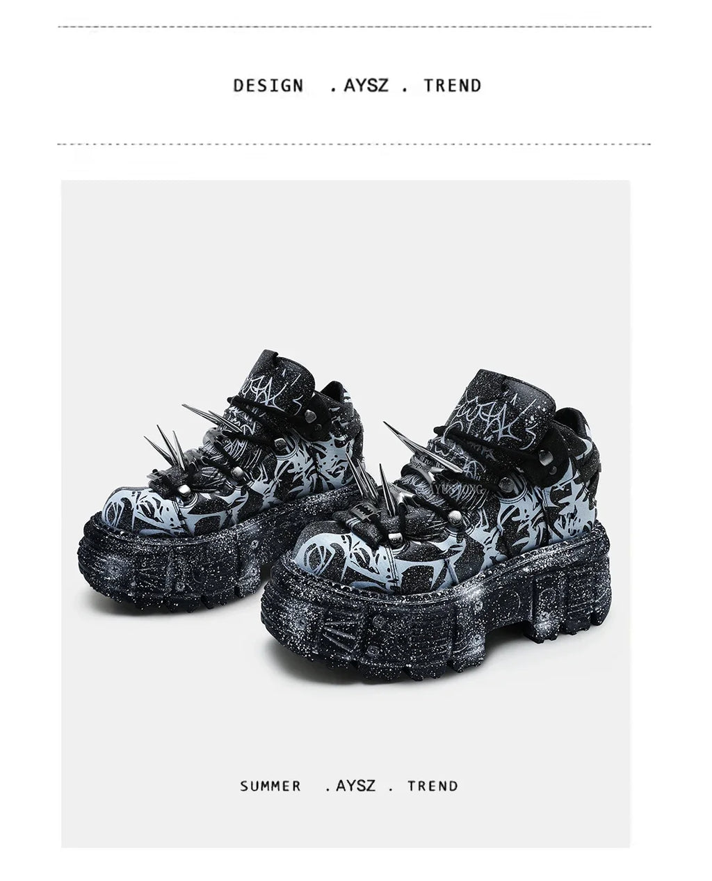 2025 Retro Heavy Metal Platform Men's and Women's Graffiti Punk Muffin Black Rivets Small Height Increasing Dad Shoes