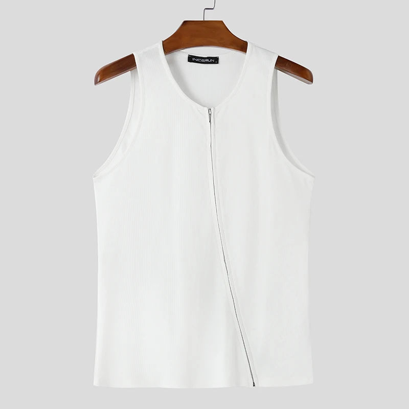 2025 Men Tank Tops Solid Color Knitted Zipper Sleeveless Male Vests Summer Streetwear Skinny Fashion Men Clothing S-3XL INCERUN