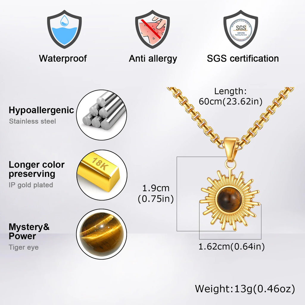 Trendy Sunflower Necklace for Men Boys,Stainless Steel Natural Stone Pendant,Jewelry Gift for Husband Dad Son BBF