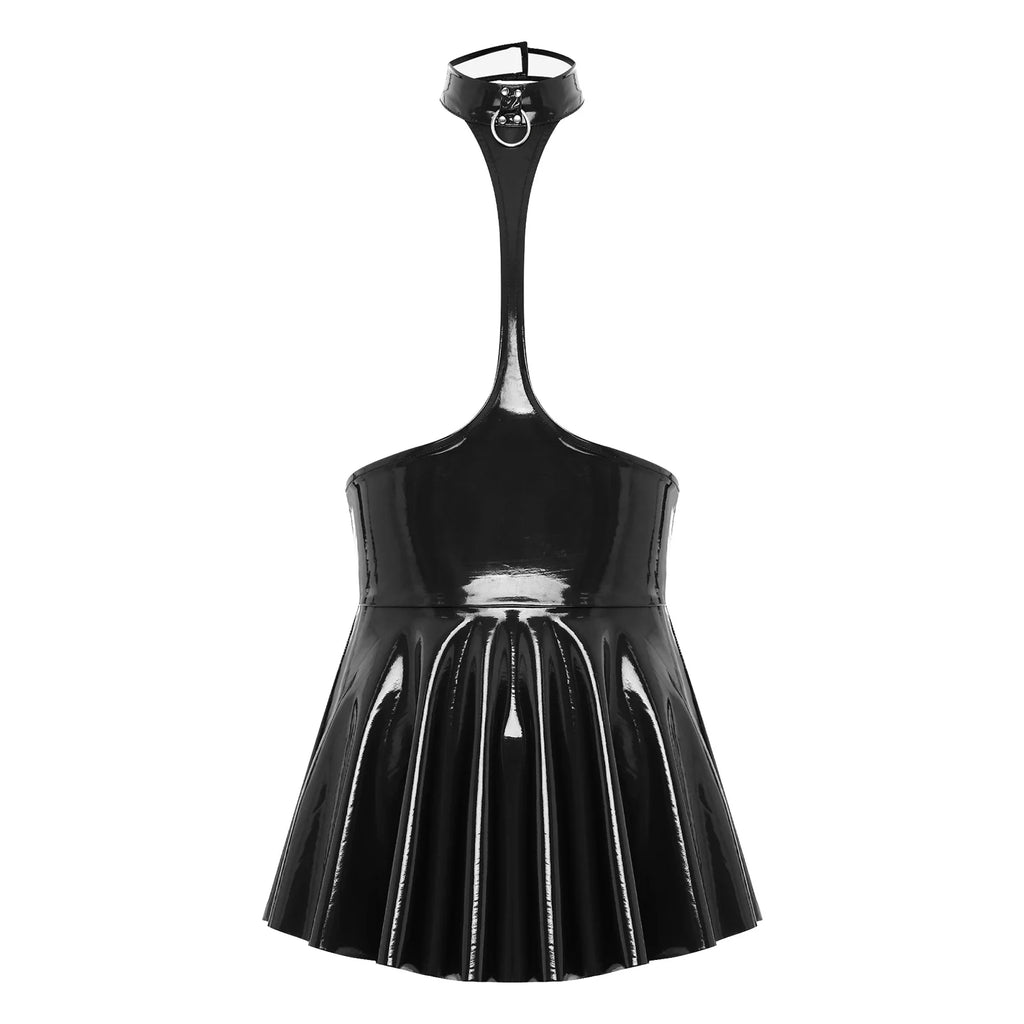 Womens Shiny Metallic Faux Leather Halter Neck Backless A-Line Dress Exposed Breast Mini Night Club Dresses Latex Clubwear