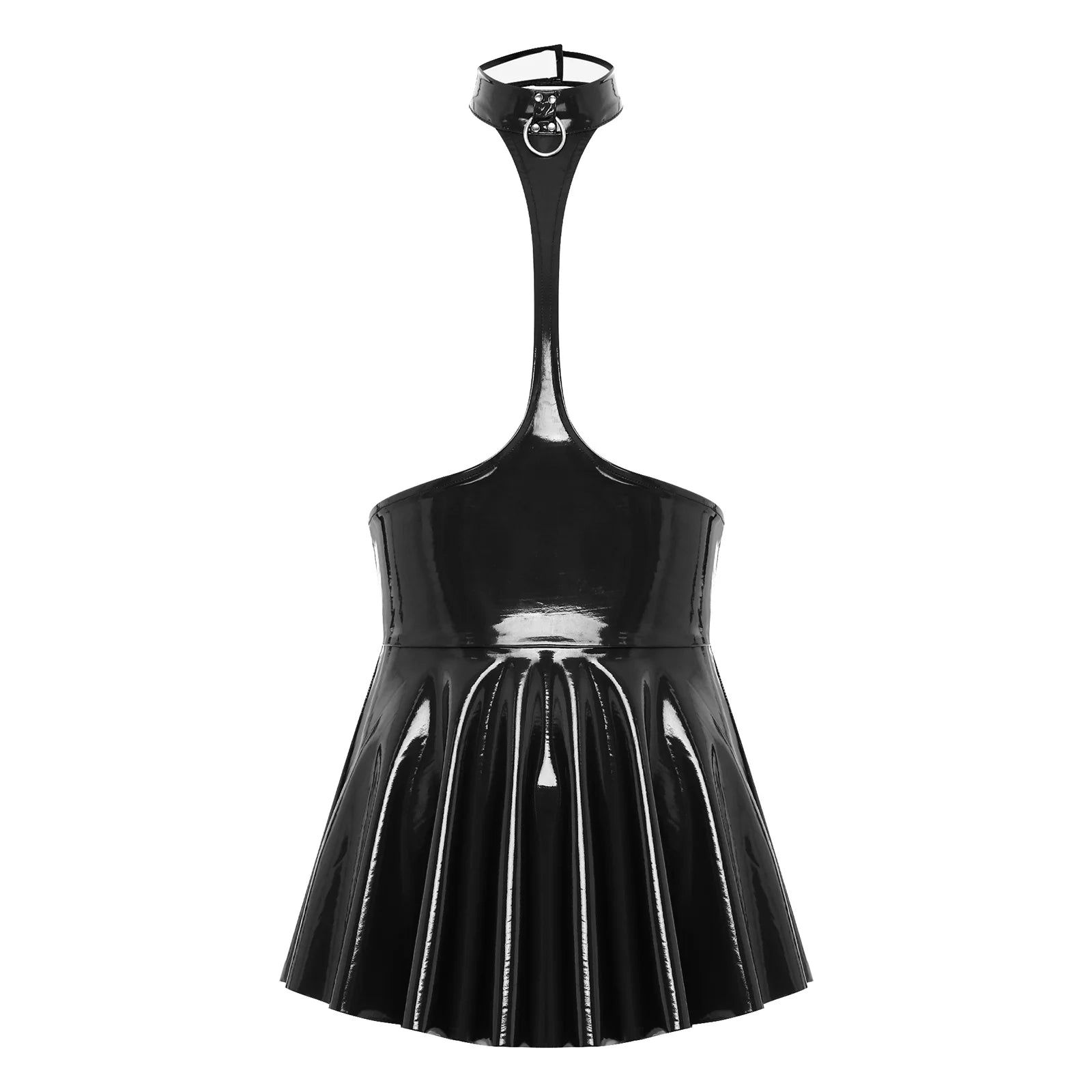 Womens Shiny Metallic Faux Leather Halter Neck Backless A-Line Dress Exposed Breast Mini Night Club Dresses Latex Clubwear