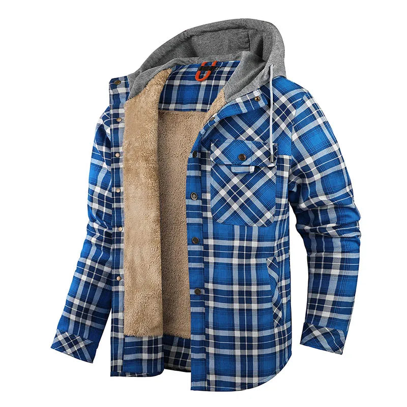 Winter Men Plaid Fleece Shirts Coats Mens Hooded Casual Shirts Man Sport Outdoor Loose Shirt Jacket Men Button Down Hoodie Shirt