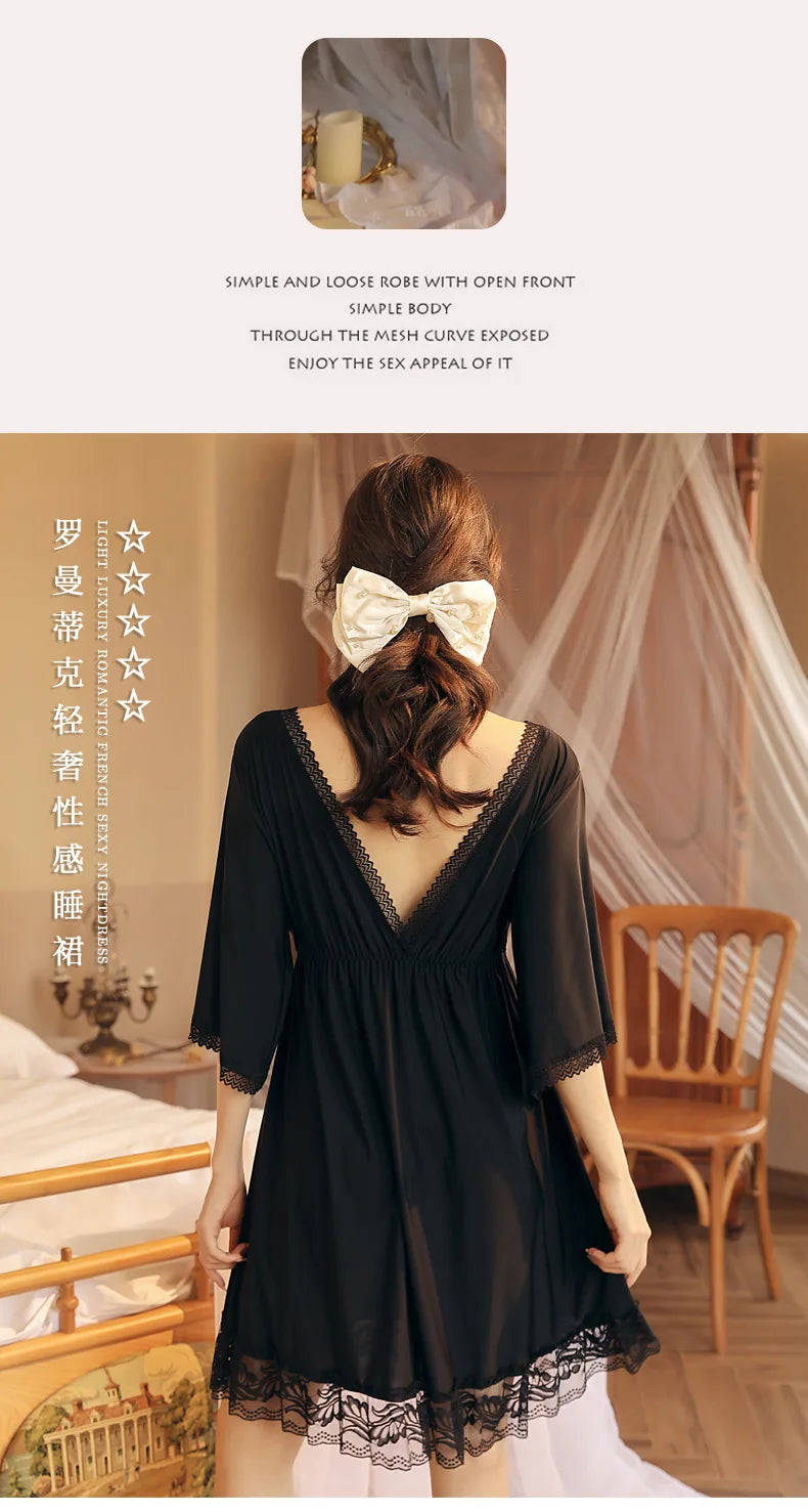 Fdfklak M-3XL Women’s Nightgowns Sexy Lace Deep V Neck Sleepshirt Mesh Short Sleeve Summer Nightdress Female Nightwear Dress