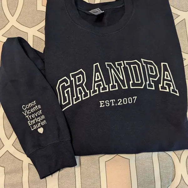 Custom Embroidered Sweatshirt, Name On Sleeve With Heart, Grandpa Shirt With Date, Daddy Est Year Shirt, Gift For New Dad