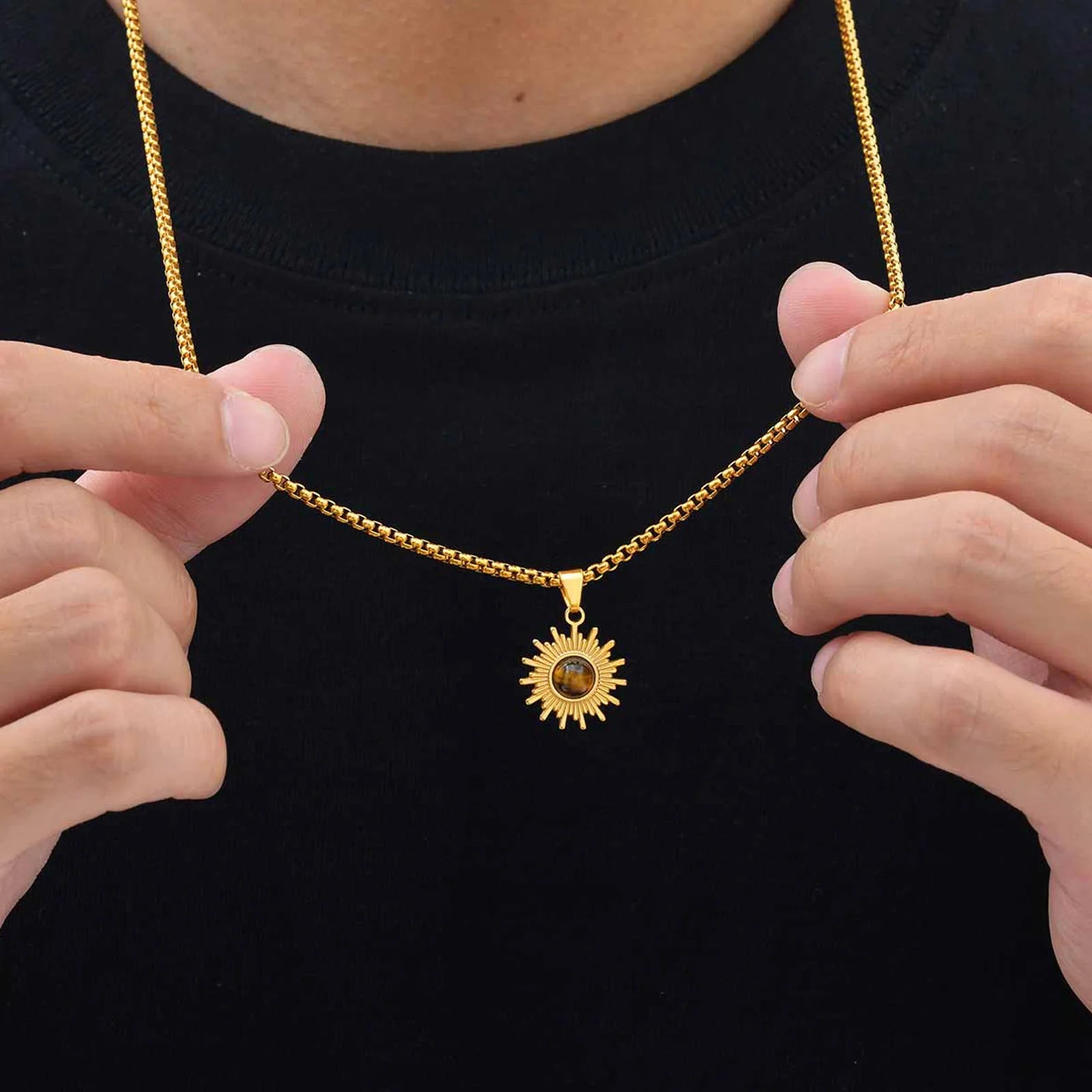 Trendy Sunflower Necklace for Men Boys,Stainless Steel Natural Stone Pendant,Jewelry Gift for Husband Dad Son BBF