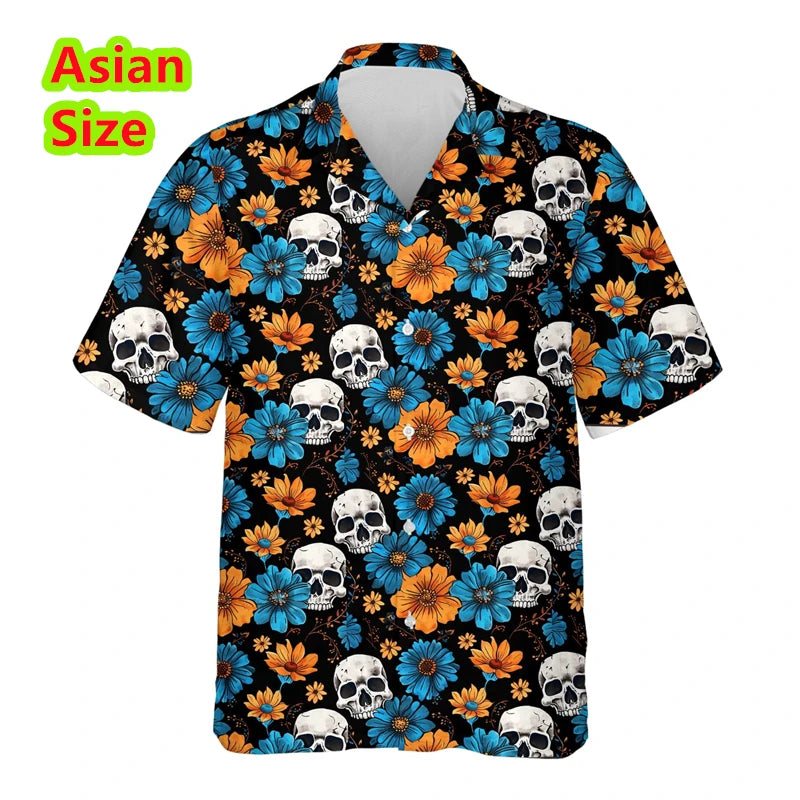 Man Shirt Horror Skull Flower 3D Print Men's Clothing Summer Casual Hawaii Beach Hawaiian Harajuku Hip Hop Holiday Shirt Tops