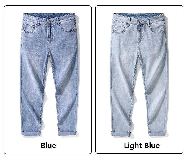 KSTUN 2025 Spring Summer Jeans For Men Slim Straight Gray Light Blue Stretch Jeans Regular Fit Denim Pants Mens Clothing Cowboys
