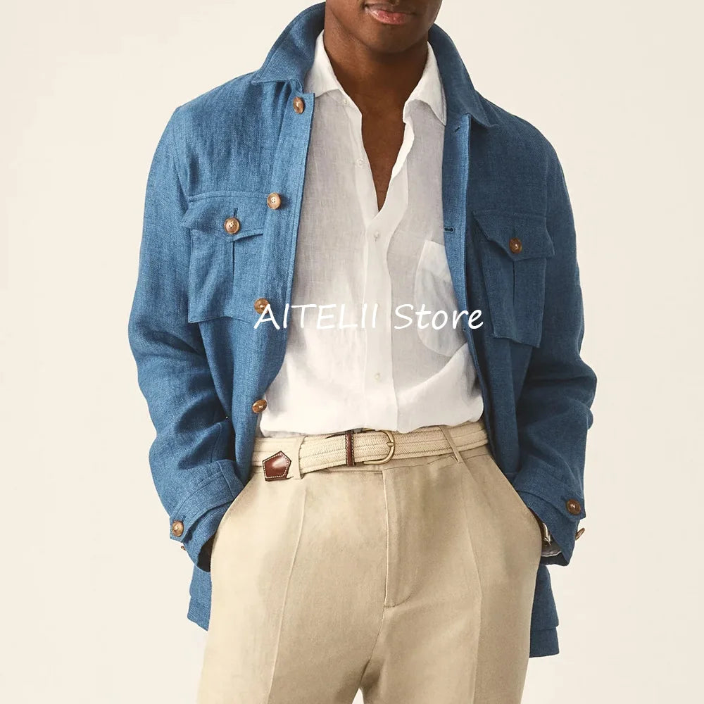 Suit Jackets Linen Elegant Sack of Man Men's Jacket Blazers for Man Lapel Suits Single-breasted Casual Clothes Four Pockets
