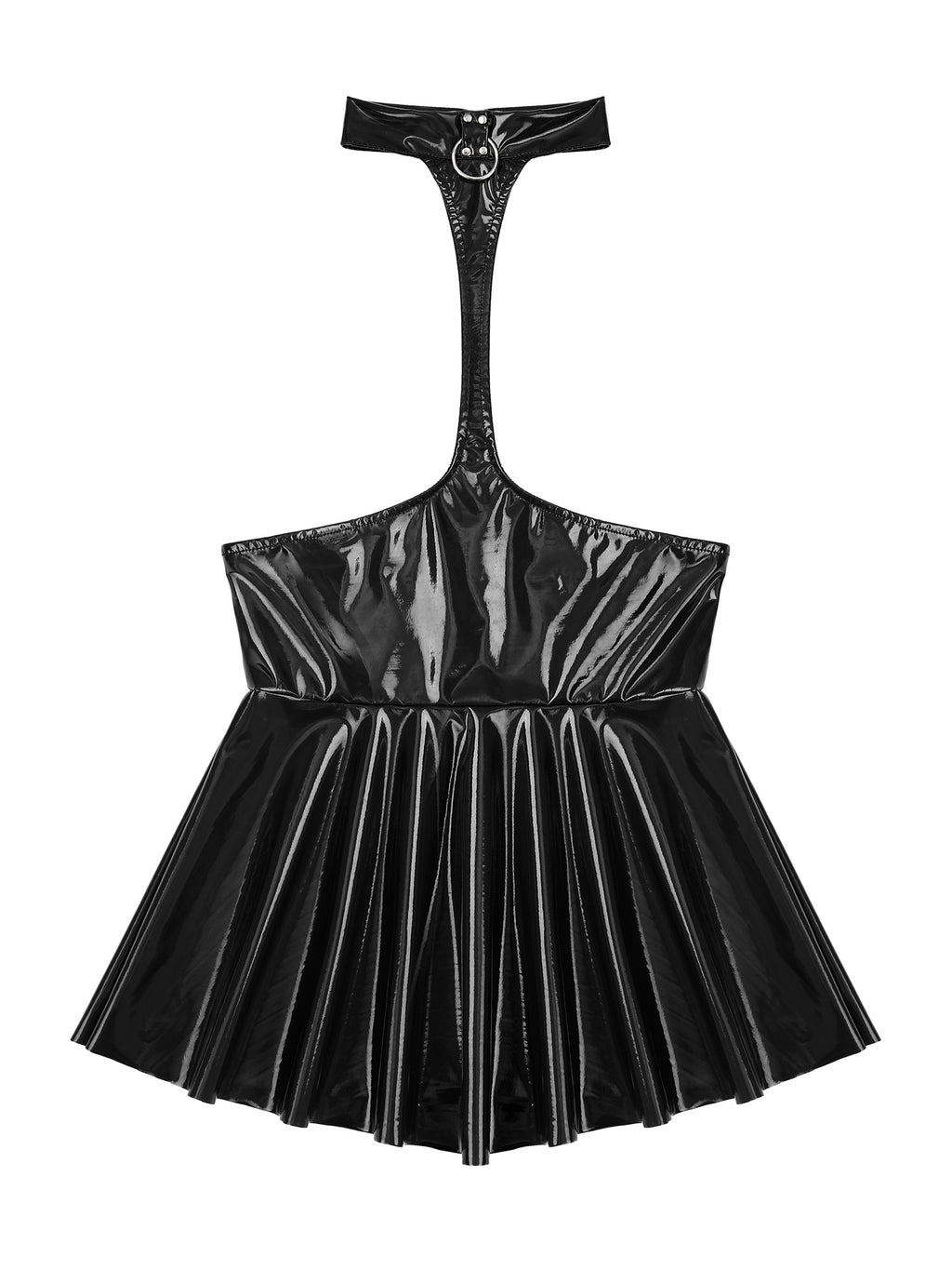 Womens Shiny Metallic Faux Leather Halter Neck Backless A-Line Dress Exposed Breast Mini Night Club Dresses Latex Clubwear