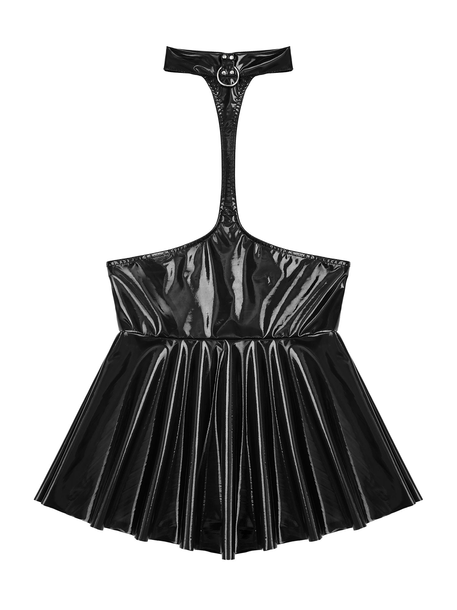 Womens Shiny Metallic Faux Leather Halter Neck Backless A-Line Dress Exposed Breast Mini Night Club Dresses Latex Clubwear