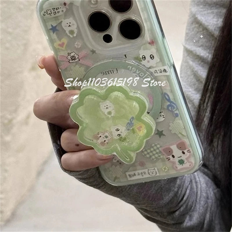 Korea Cute Quicksand Lucky Clover Magnetic Holder Grip Tok Griptok Phone Holder Phone Stand Support For iPhone Magsafe Smart Tok