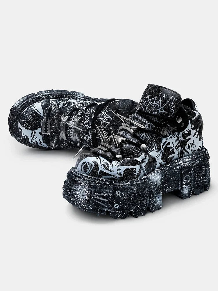 2025 Retro Heavy Metal Platform Men's and Women's Graffiti Punk Muffin Black Rivets Small Height Increasing Dad Shoes