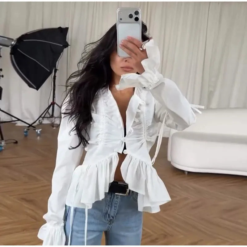 Elegant Chic Ruffle Hem Women's Shirt Flare Sleeve Single Breasted Drawstring Pleat Cropped Shirts 2026 Spring Summer Lady Top