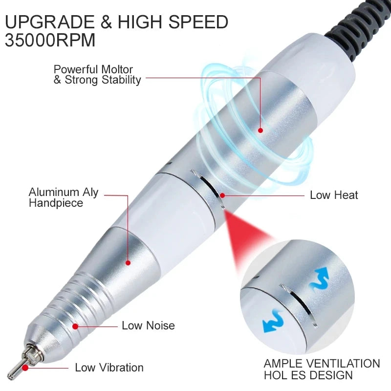 Professional Electric Nail Drill Handle 35000RPM Nail Art Drill Handpiece File Polish Grind Machine Manicure Drill Accessory