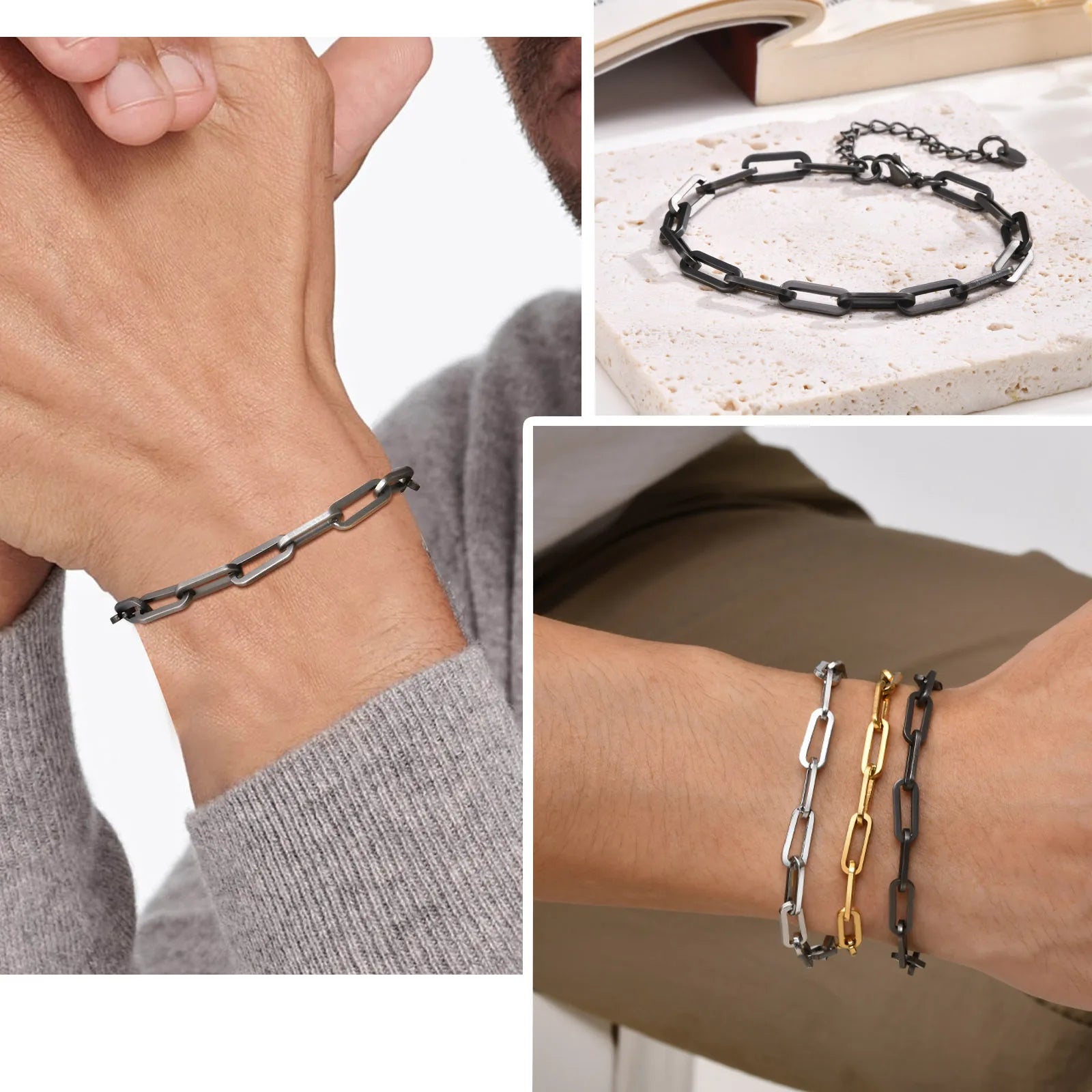 Vnox Paperclip Chain Bracelet For Men, Four Color Casual Business Rectangle Links Wristband, 5mm Wide Adjustable Chain Jewelry