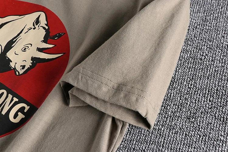 Summer new wash matte comfortable short sleeve t-shirt men's rhinoceros Vintage Print versatile youth fashion casual half sleeve